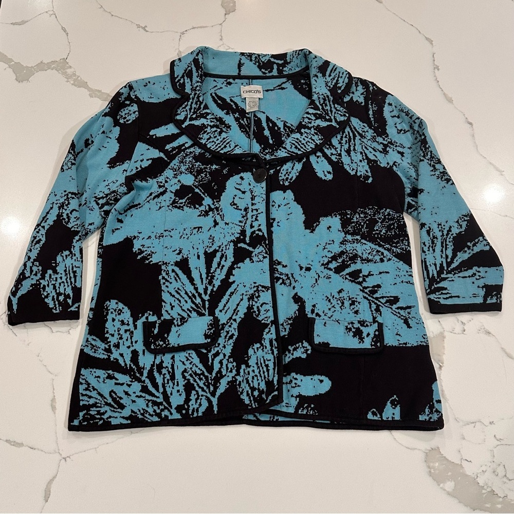 VTG Chicos Cardigan Jacket Silk Blend L 2 Teal Blue Black Floral Botanical Artsy